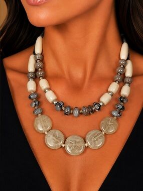 J.Jill Double Strand Glass Ceramic Beaded Necklace Neutral Adjustable Boho 15.7